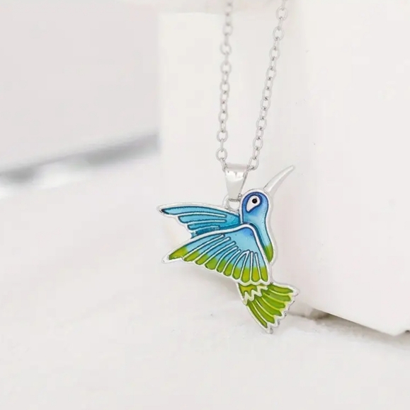 Blue and Green Hummingbird Necklace - Picture 3 of 5